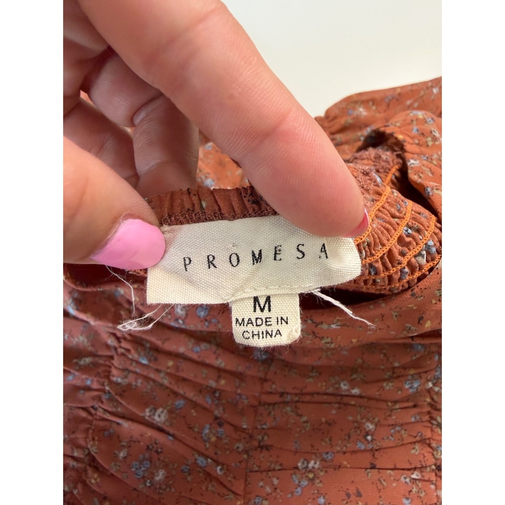 Promesa Rust Floral Ruched Long Sleeve‎ Blouse Square Neck Smocked Cuff Medium - Picture 9 of 11